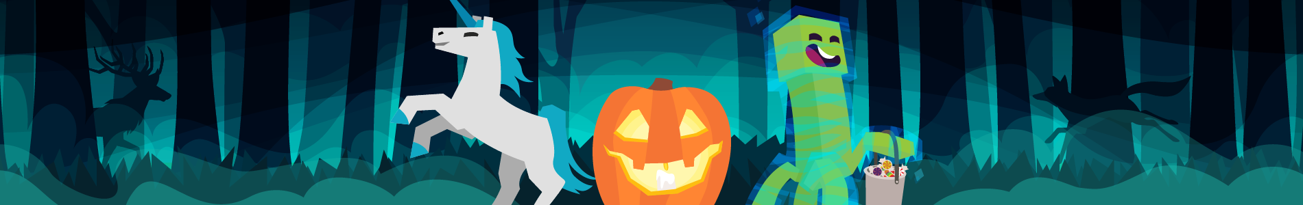 Header image of a charged creeper and unicorn with a pumpkin, set in spooky woods.